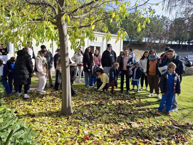 Un grupo de personas y niños recoge hojas caídas en un día soleado.