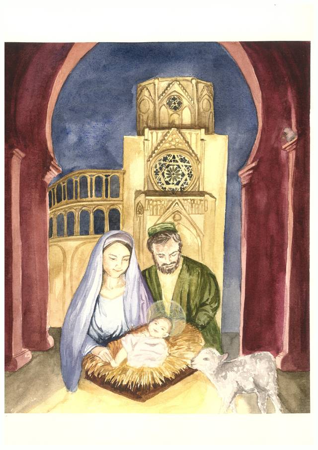 Ilustración de la Natividad con María, José y el Niño Jesús en un establo, rodeados por una arquitectura gótica.