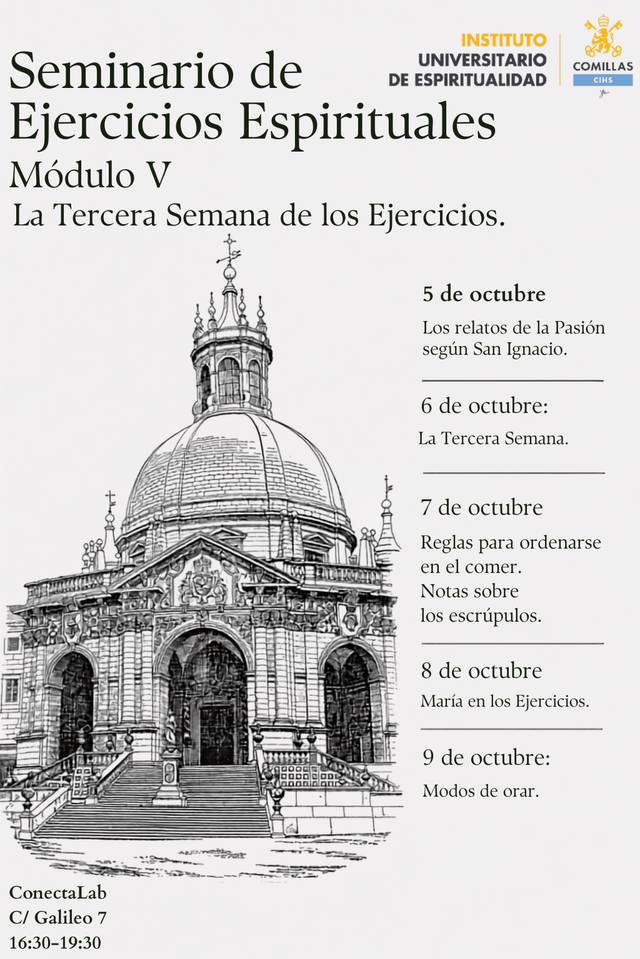 Cartel informativo sobre un seminario de ejercicios espirituales en la universidad.