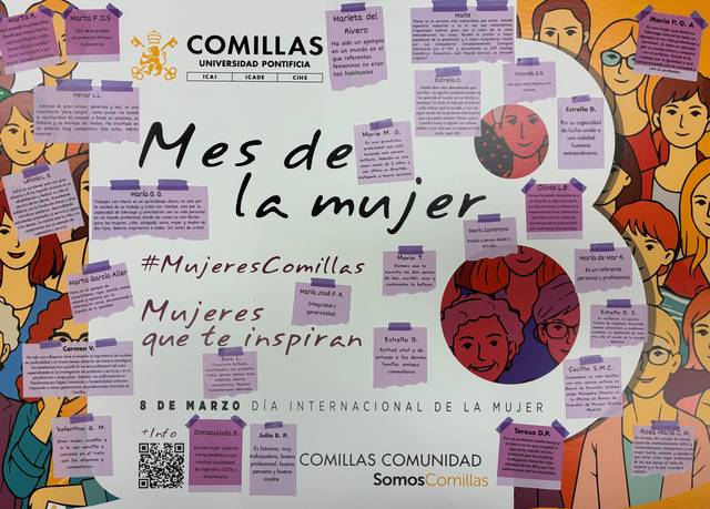 Cartel conmemorativo del Mes de la Mujer que destaca a mujeres inspiradoras en un contexto universitario.
