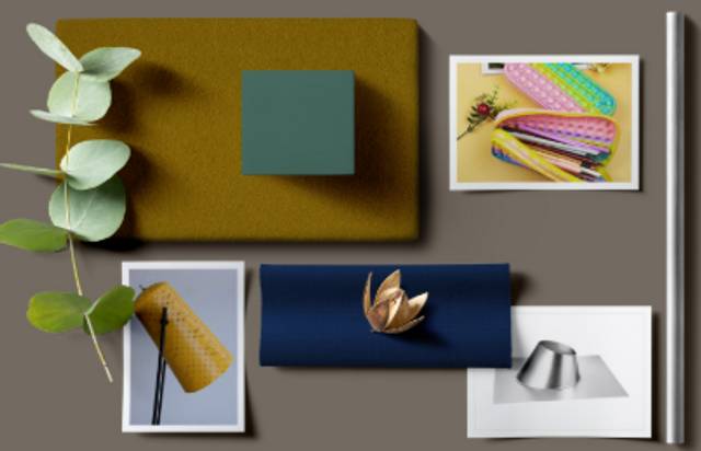 La imagen presenta una composición de objetos de diseño moderno sobre un fondo gris, incluyendo plantas, fotografías coloridas y elementos geométricos.