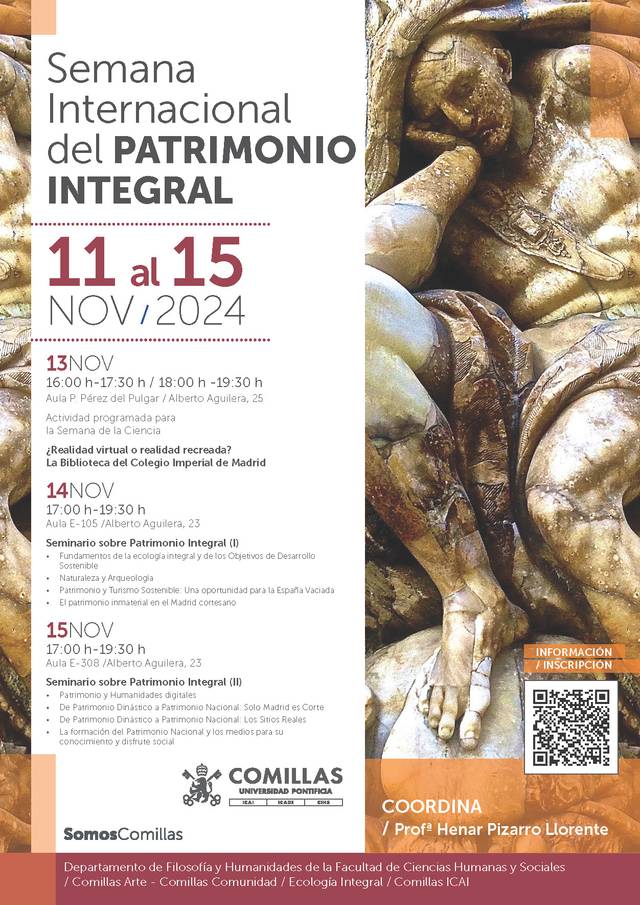 Cartel de la Semana Internacional del Patrimonio Integral que se celebra del 11 al 15 de noviembre de 2024, mostrando una escultura clásica y detalles de eventos programados.