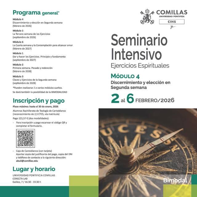 El documento es un folleto informativo sobre un seminario intensivo de ejercicios espirituales en la Universidad Pontificia Comillas.