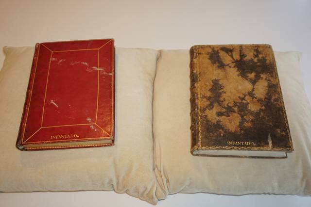 Un par de libros antiguos sobre un fondo de almohadas claras.
