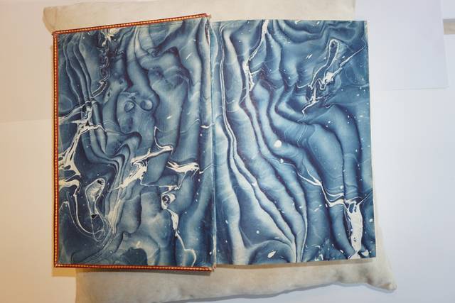 La imagen muestra las páginas de un libro con un diseño de marbled en tonos azules y blancos.