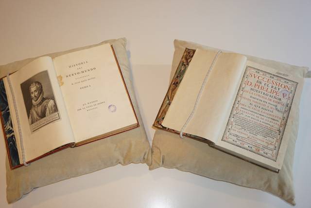 Dos libros antiguos abiertos sobre cojines con ilustraciones y textos históricos.