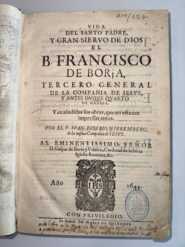 El objeto es una página de un libro titulado 'Vida del Santo Padre y gran siervo de Dios el B. Francisco de Borja'.