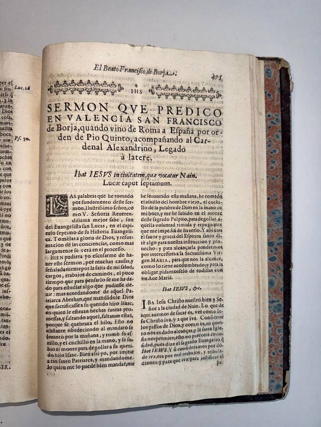 Página de un antiguo libro que contiene un sermón predicado en Valencia por San Francisco de Borja.