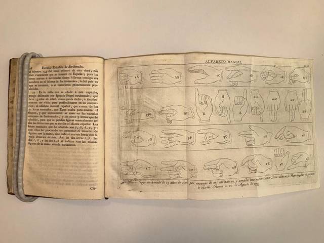 La imagen muestra un libro abierto que contiene un alfabeto manual con ilustraciones de manos haciendo diferentes signos.