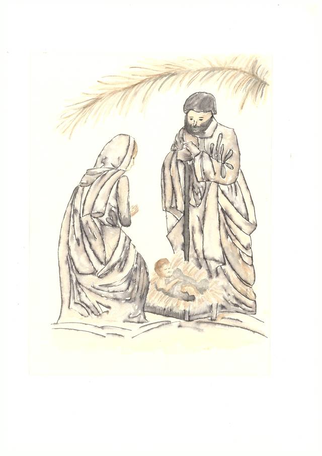 Imagen de un dibujo que representa la Natividad, con figuras de José, María y el niño Jesús en un pesebre.