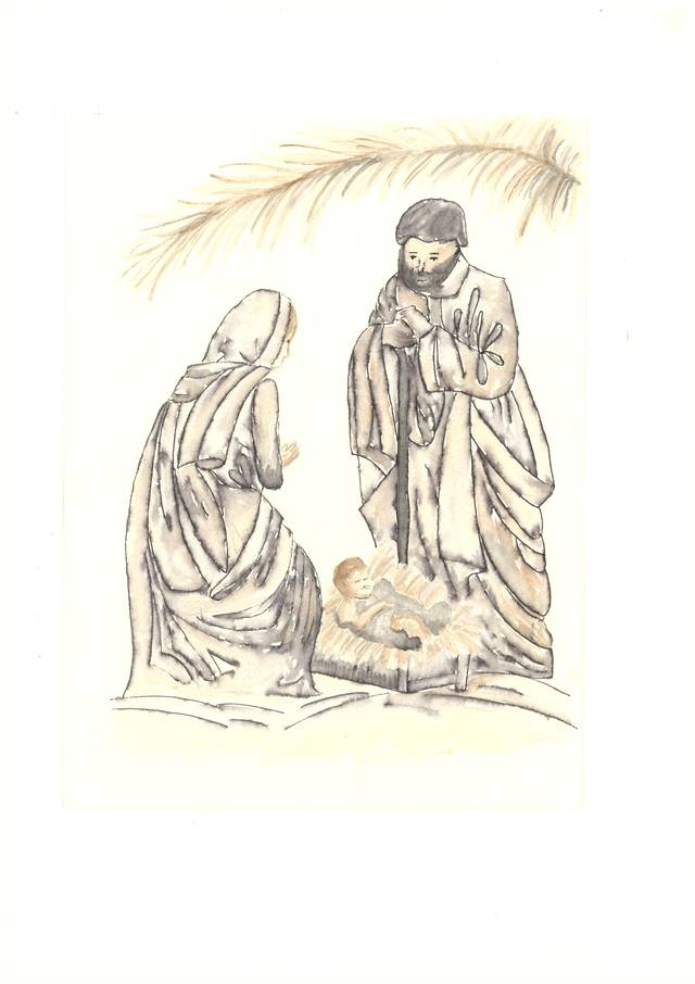 Imagen de un dibujo que representa la Natividad, con figuras de José, María y el niño Jesús en un pesebre.