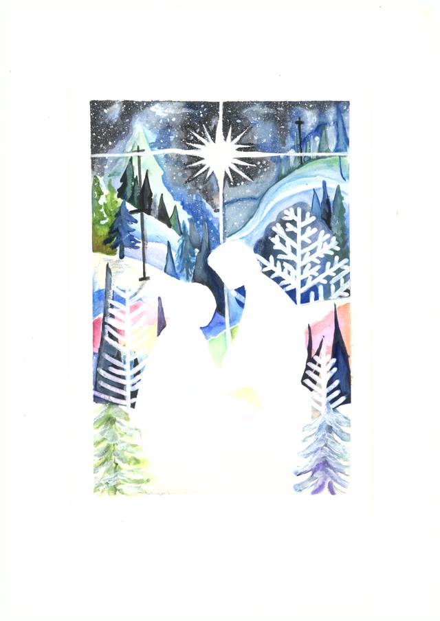 Una pintura de un paisaje invernal con árboles y una estrella brillante en el cielo nocturno.
