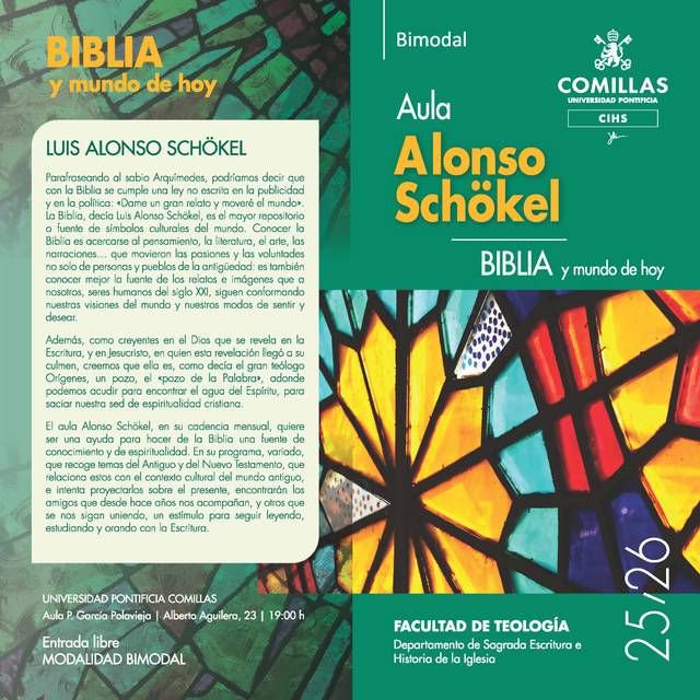 Anuncio de una conferencia sobre la Biblia y su relación con el mundo actual, presentada por Luis Alonso Schökel.