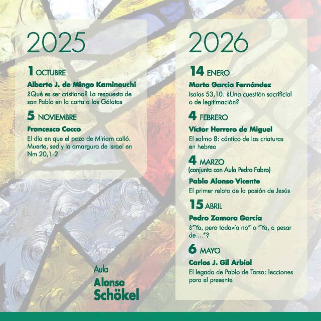 Calendario de eventos programados para 2025 y 2026 con fechas y nombres de ponentes.