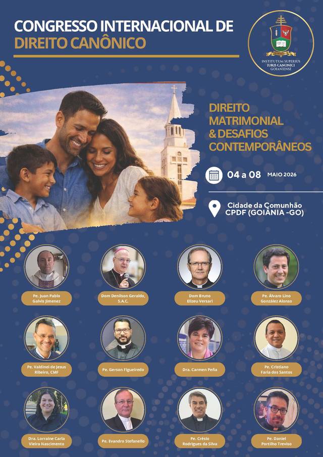 El cartel del Congreso Internacional de Derecho Canónico presenta un evento sobre derecho matrimonial y desafíos contemporáneos.