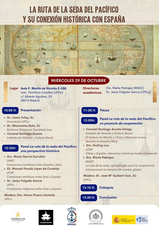 Cartel informativo sobre un evento académico relacionado con la ruta de la seda del Pacífico.
