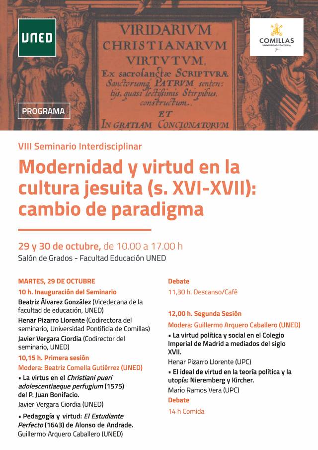 A poster for the 'VIII Seminario Interdisciplinar: Modernidad y virtud en la cultura jesuita (s. XVI-XVII); cambio de paradigma', detailing event topics, dates, times, and guest speakers.