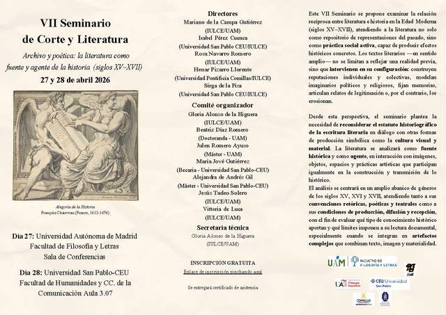 El documento es un programa para el VII Seminario de Corte y Literatura que se celebrará en abril de 2026.