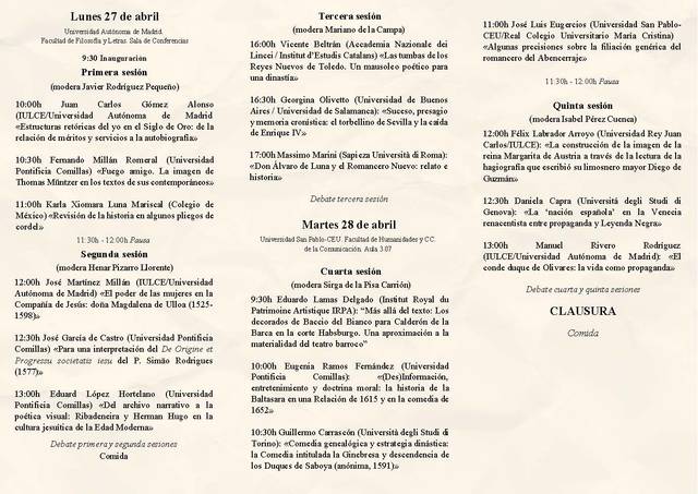 El documento es un programa de actividades que detalla sesiones y conferencias de un evento académico en abril.