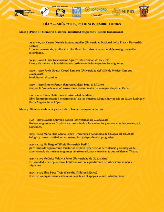Programa de un evento académico con diversas mesas de discusión sobre memoria histórica, identidad migrante y justicia transicional.