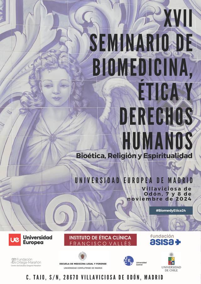 A promotional poster for the XVII Seminar on Biomedicine, Ethics, and Human Rights, featuring stylized artwork and event details.