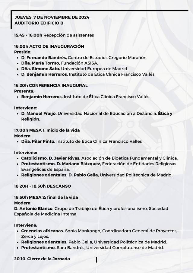 A schedule of events for a conference on November 7, 2024, featuring various speakers and sessions on ethics and religion.