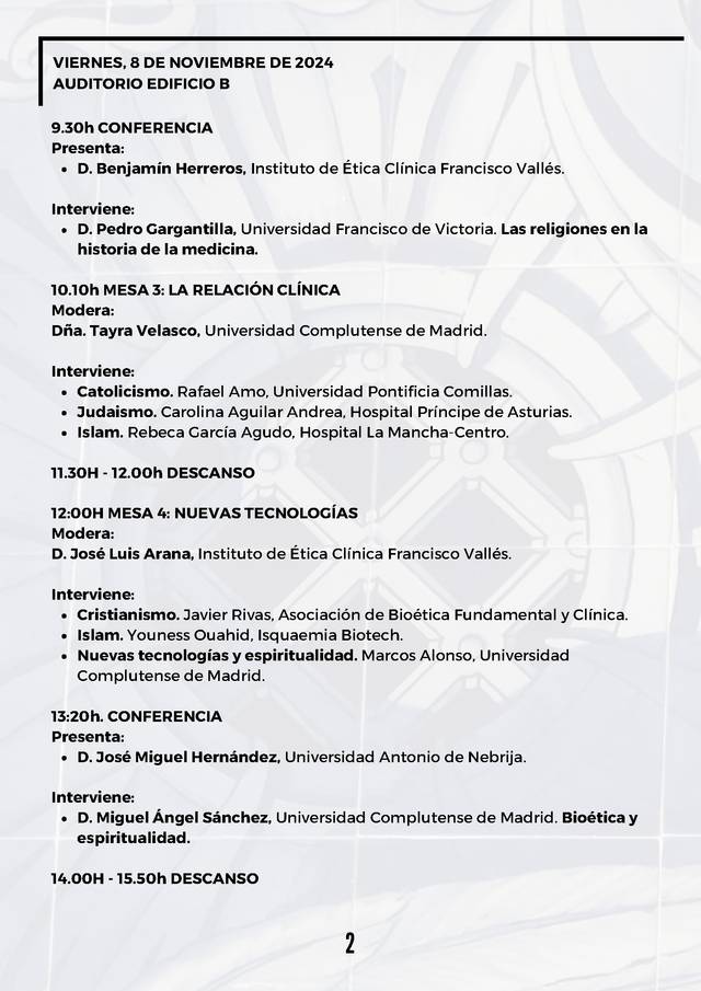 A schedule of a conference held on November 8, 2024, detailing times, sessions, and speakers at Auditorio Edificio B.