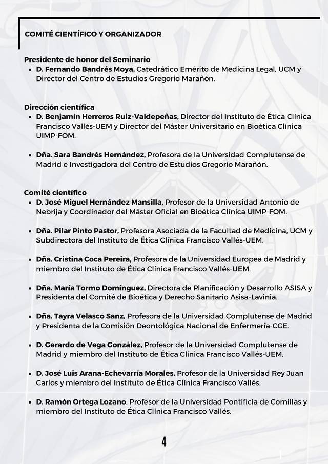 A page from a document listing members of a scientific and organizing committee for a seminar, written in Spanish.