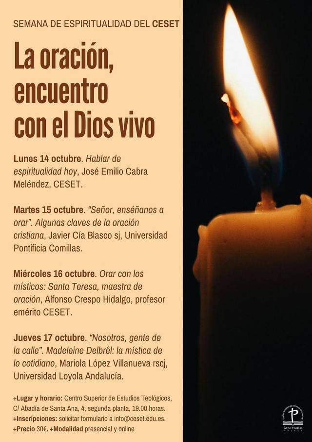 A poster announcing a spirituality week at CESET, featuring various dates, topics, and speakers, with a lit candle on the right side.