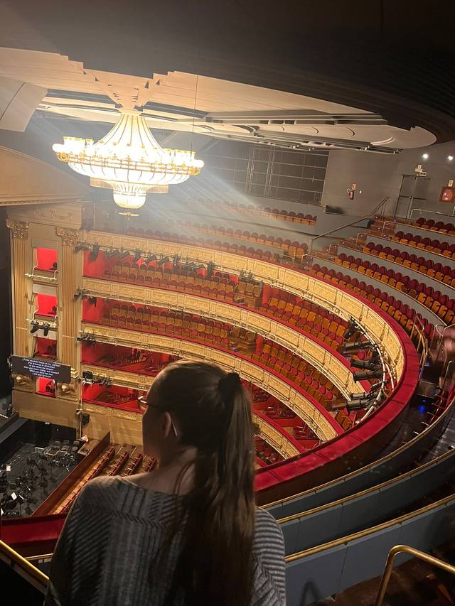 Una vista panorámica del interior de un teatro vacío con butacas rojas y una lámpara elegante en el techo.
