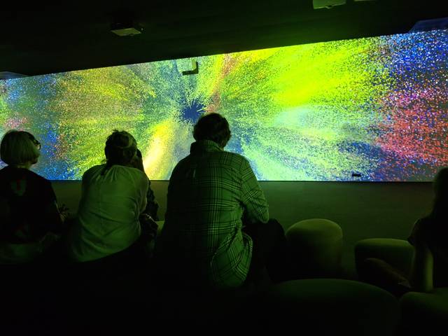 Un grupo de personas observa una proyección de colores vibrantes en una pared.