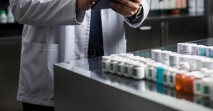 Un farmacéutico revisa información en una tablet frente a estantes llenos de medicamentos.