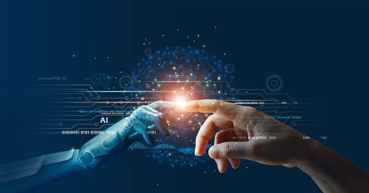 La imagen muestra la interacción entre un dedo humano y un dedo robótico, simbolizando la conexión entre la inteligencia artificial y la humanidad.