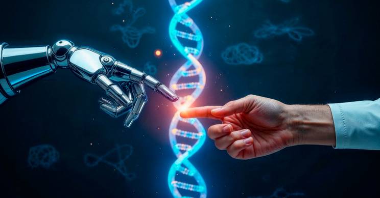 Una mano humana y una mano robótica se acercan, simbolizando la conexión entre la tecnología y la biología.