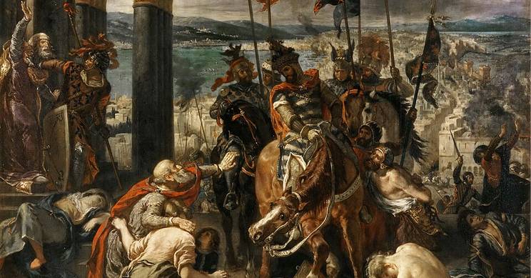 La imagen representa una escena histórica de un conflicto militar con guerreros y figuras míticas en un entorno dramático.