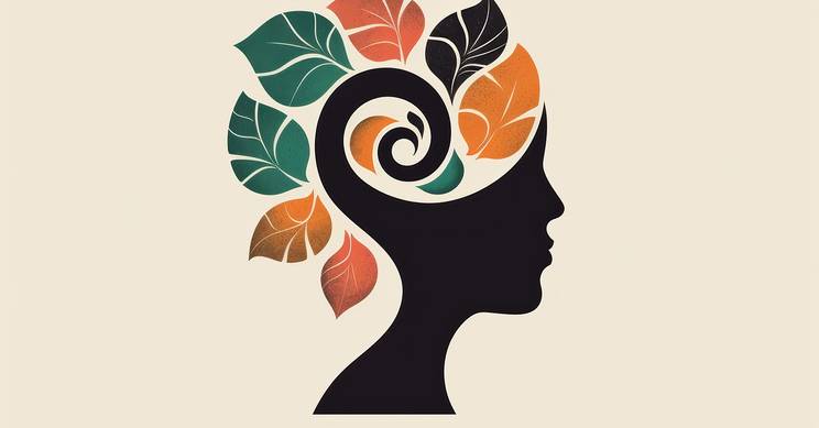 Silhouette de una cabeza femenina con hojas de diferentes colores representando crecimiento y naturaleza.