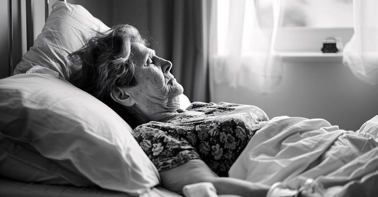 Una mujer mayor repose en una cama, mirando hacia el lado con una expresión tranquila.
