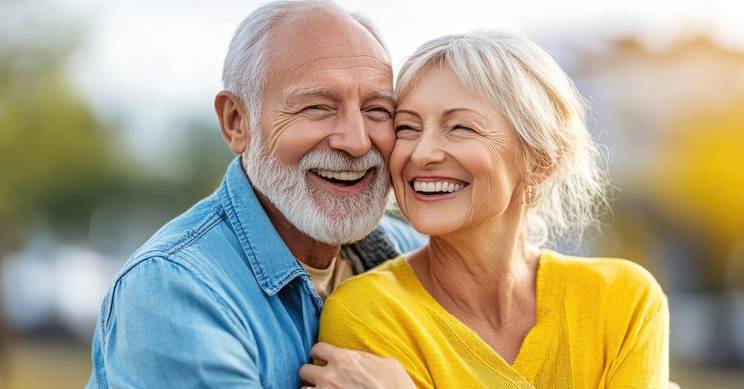 Una pareja de ancianos sonríe mientras se abrazan en un parque.