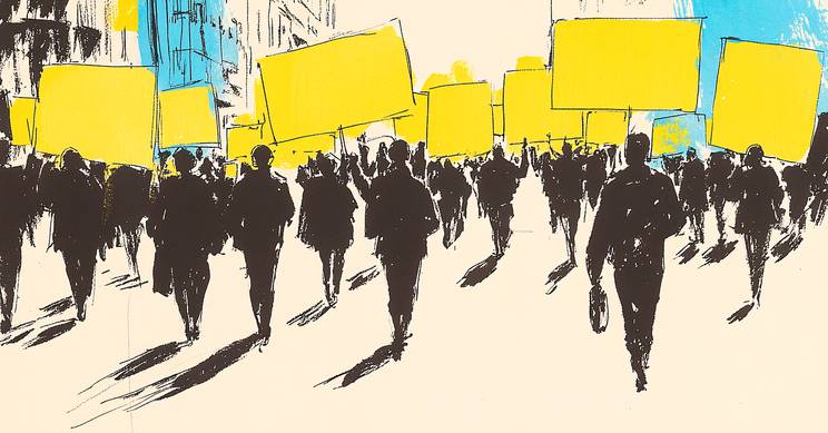 Una multitud de personas marcha con pancartas amarillas en una manifestación.
