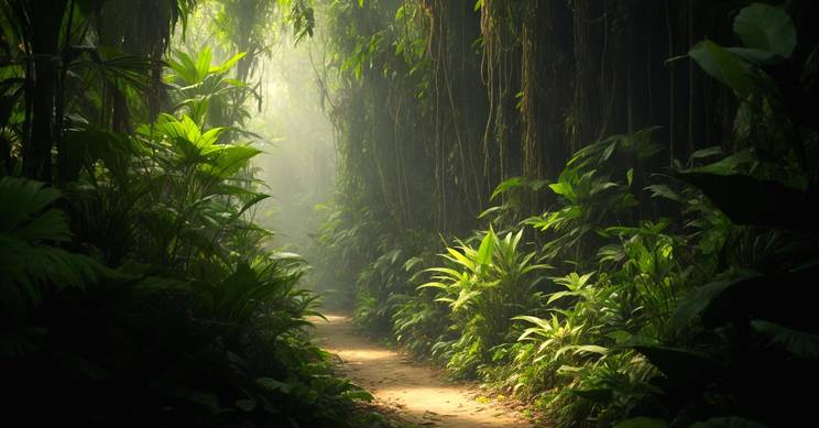 Un sendero rodeado de exuberante vegetación en un ambiente de selva tropical.