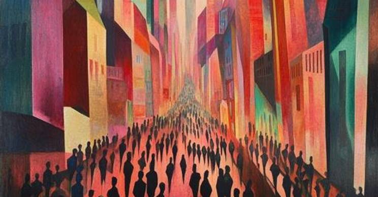 Una vibrante escena urbana con figuras oscuras caminando entre edificios coloridos y abstractos.