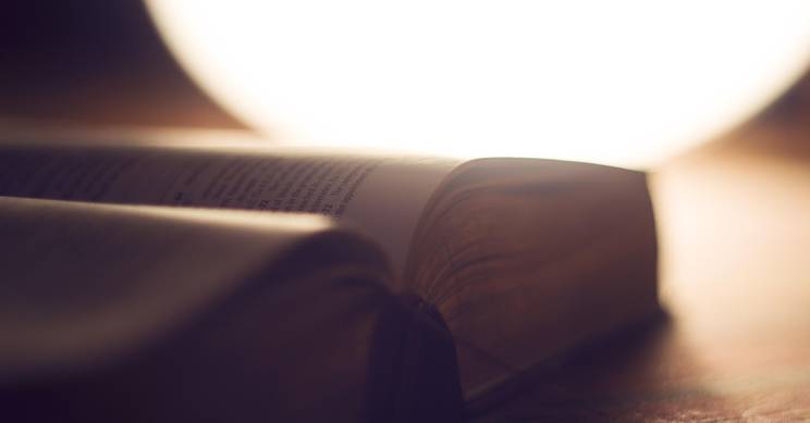 Un libro abierto se encuentra en primer plano con una luz difusa en el fondo.