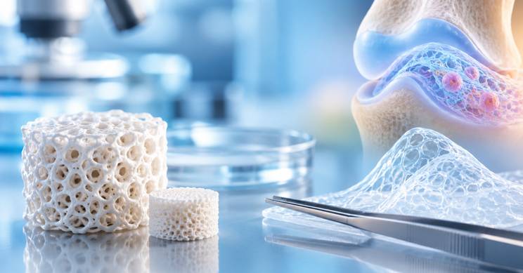 La imagen muestra materiales biocompatibles utilizados en investigación médica, junto a un modelo del tejido óseo.