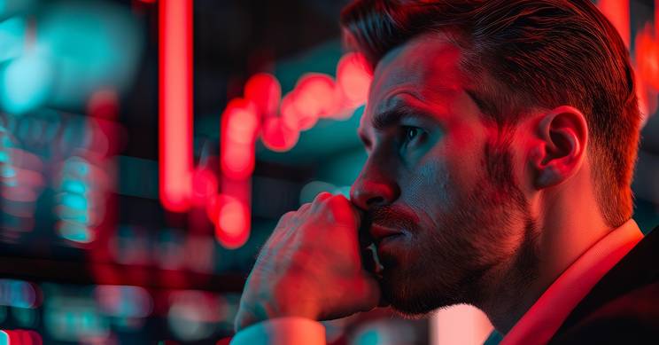 Un hombre pensativo observa una pantalla con luces de colores brillantes en un ambiente oscuro.