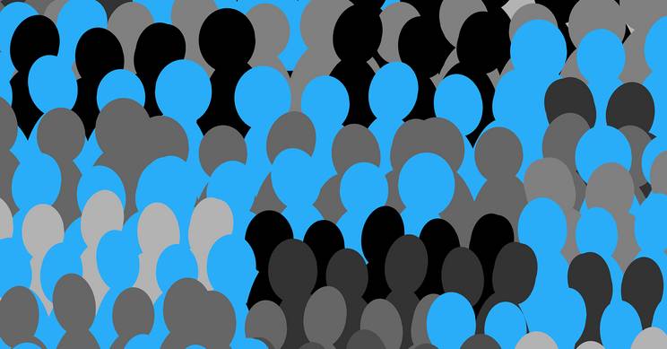 La imagen presenta un patrón abstracto de siluetas humanas en diferentes tonos de azul, negro y gris.