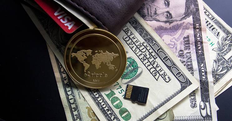 La imagen muestra un monedero con billetes de dólar y una moneda que representa una criptomoneda.