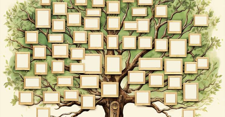 Un árbol genealógico ilustrado con cuadros vacíos para rellenar con nombres y detalles familiares.