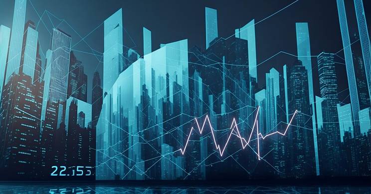 Una representación digital de una ciudad futurista con gráficos de datos superpuestos.