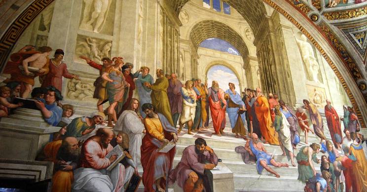 La imagen muestra una escena del renacimiento con un grupo de filósofos y pensadores en un gran espacio arquitectónico.