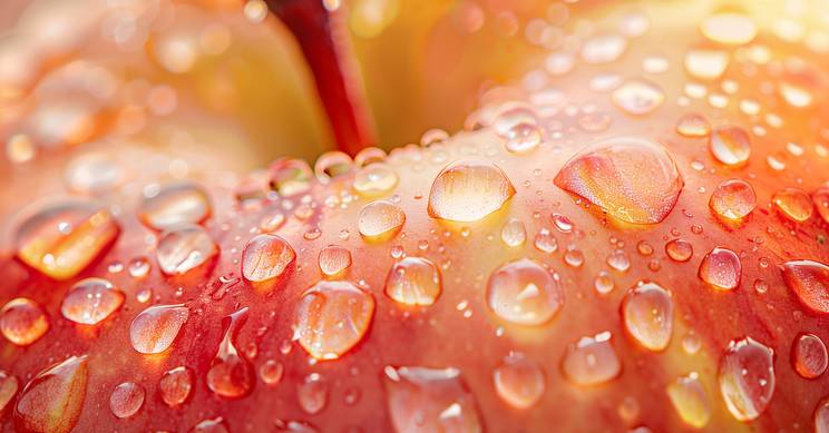 Una manzana roja cubierta de gotas de agua brillantes.